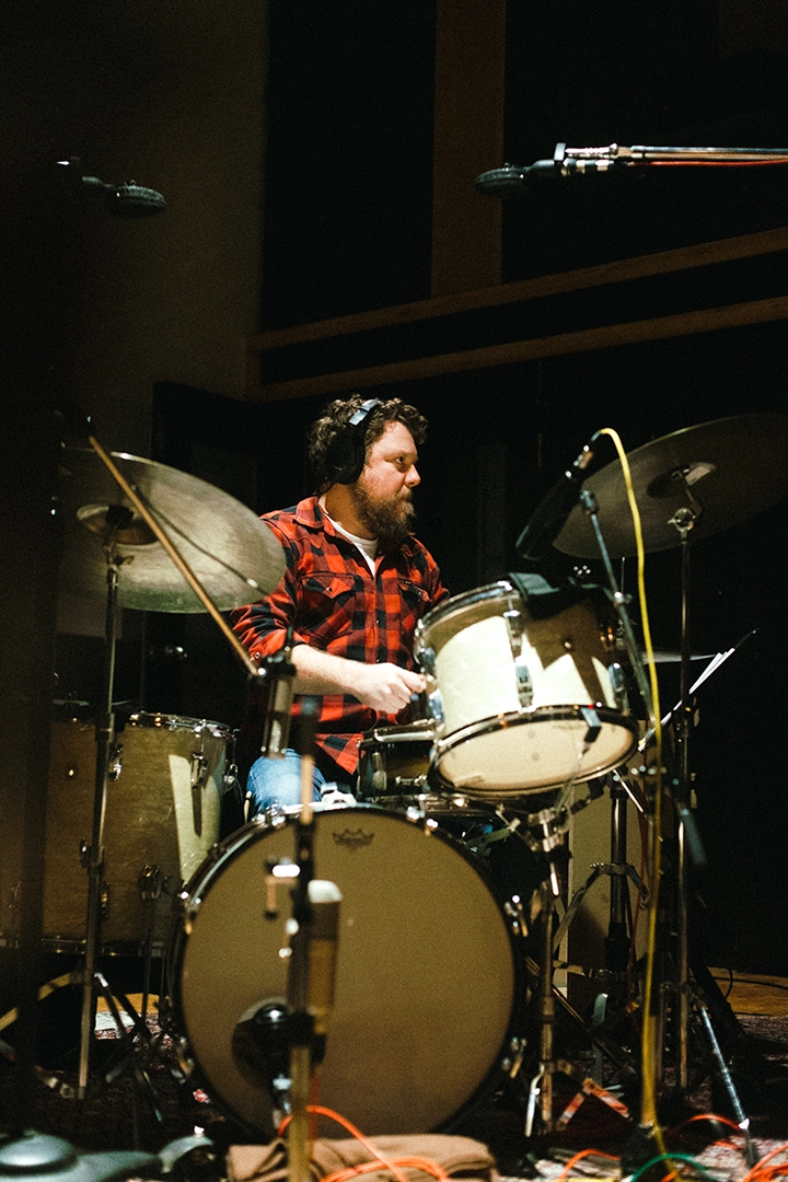 Leon Power drummer in the recording studio